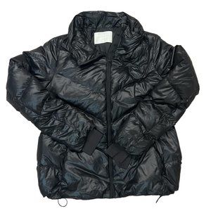 Athleta Puffer Jacket Coat Womens Size Med Goose Down Black Full Zip Adj Waist